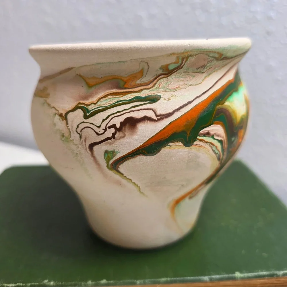 Nemadji Pottery Marbled Clay Vase Green Orange Tan Swirl USA‎ Made MCM Decor